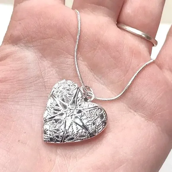 925 Silver Necklace Heart Locket Star Lattice Pattern Valentines Birthday Gift